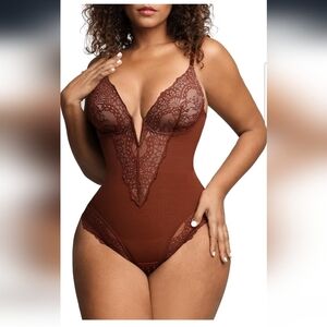 Popilush Dark Brown Corset V Neck Lace Shapewear Tummy Control Bodysuit Size XXL